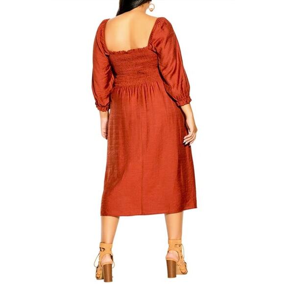 NWT City Chic Smocked Puff Sleeve Fearless Midi Dress in Caramel Size XXS 12 - Picture 2 of 6